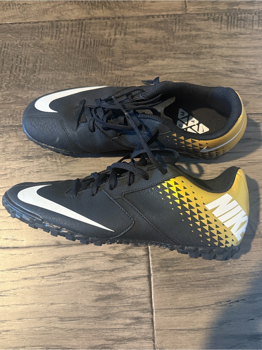 Nike Black and Gold Women's Athletic Turf Shoes with White Swoosh (Soccer Shoes)